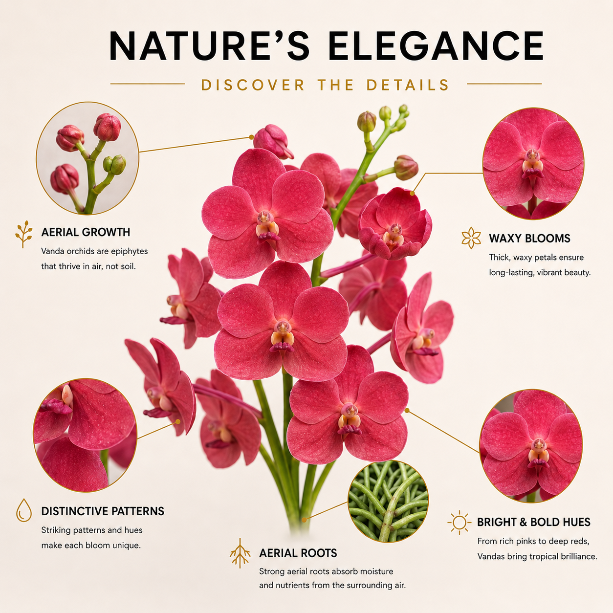 Cardinal Red Vanda Orchids – 5 Stems