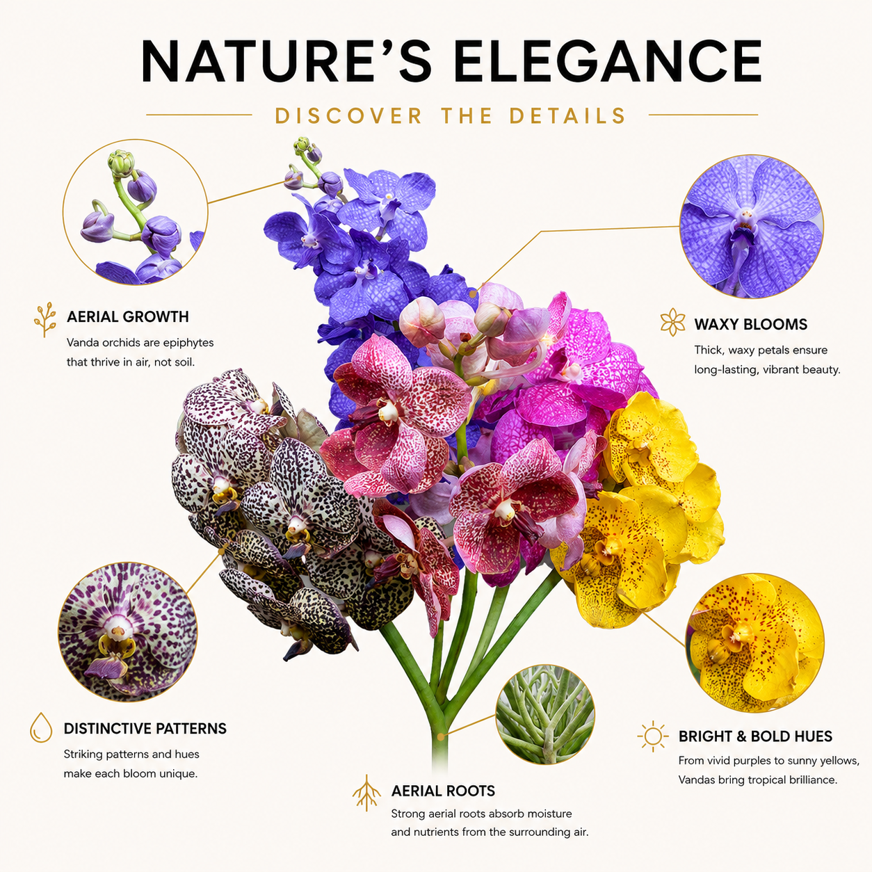 Assorted Vanda Orchids Collection – 5 Stems Fresh Blooms